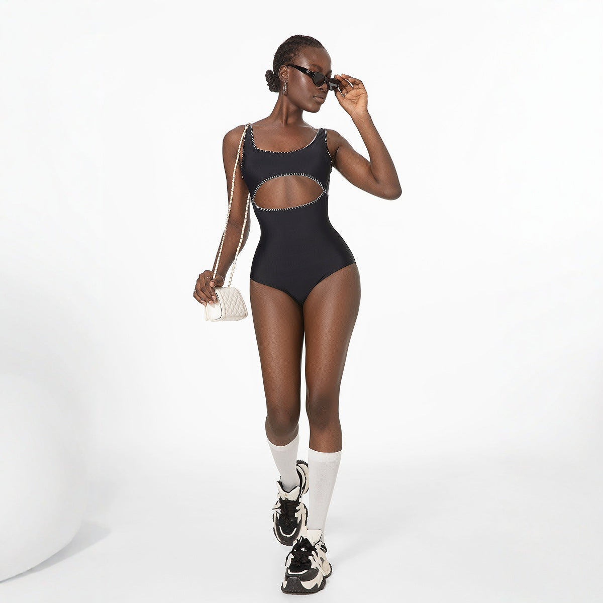 Retro Hook One Piece Swimsuit Women Simple Black Spring Beach Vacation Swimsuit Bella Mia